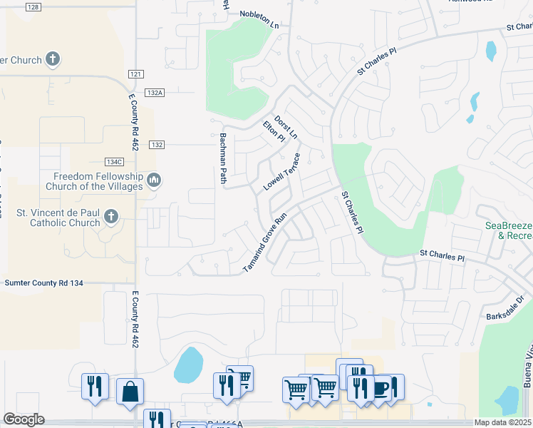 map of restaurants, bars, coffee shops, grocery stores, and more near 2350 Grenadier Way in The Villages