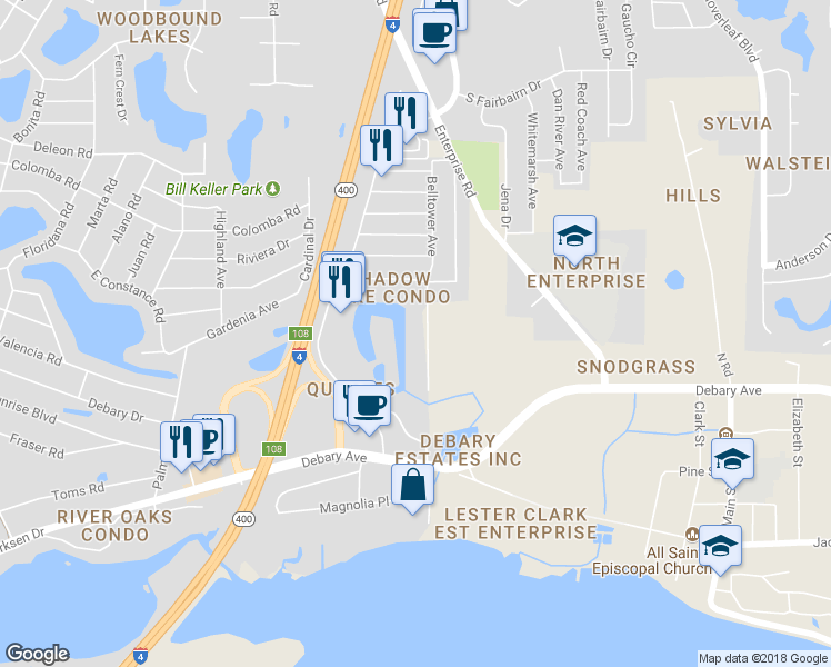map of restaurants, bars, coffee shops, grocery stores, and more near 556 Belltower Avenue in Deltona