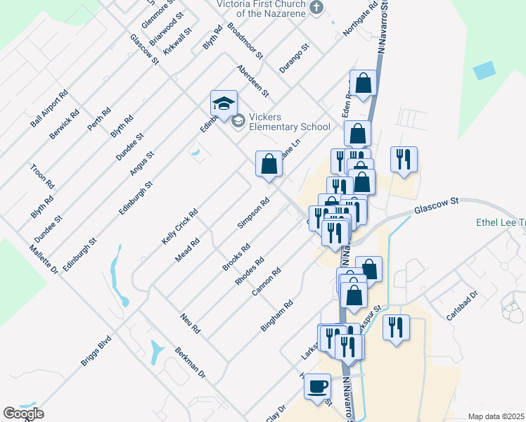 map of restaurants, bars, coffee shops, grocery stores, and more near 605 Brooks Road in Victoria