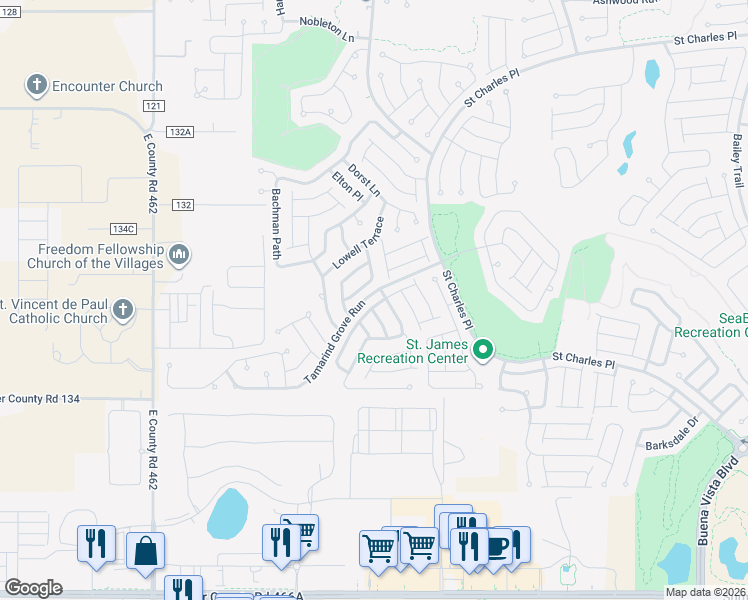 map of restaurants, bars, coffee shops, grocery stores, and more near 2285 Montbrook Place in The Villages