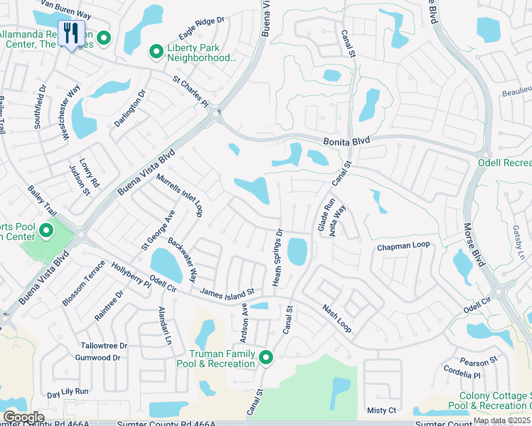 map of restaurants, bars, coffee shops, grocery stores, and more near 1161 Eureka Mill Run in The Villages