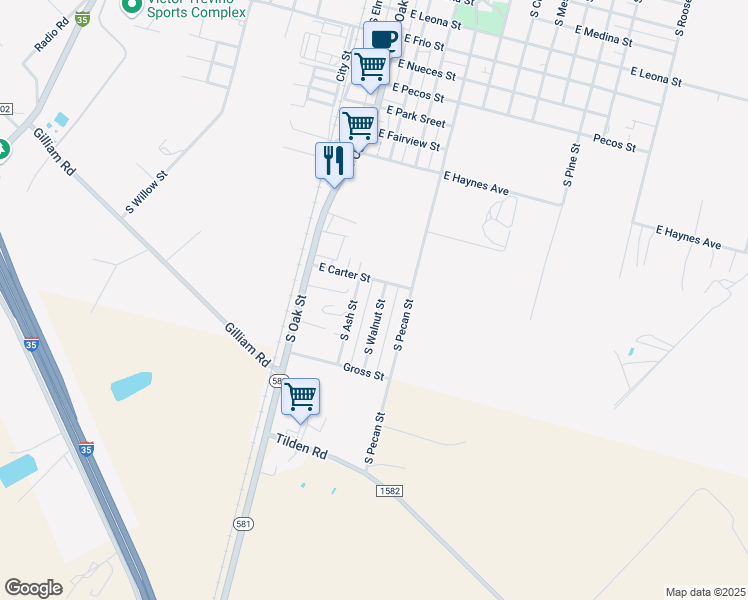 map of restaurants, bars, coffee shops, grocery stores, and more near 1717 South Walnut Street in Pearsall