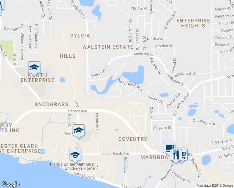 map of restaurants, bars, coffee shops, grocery stores, and more near 616 Red Mulberry Drive in Deltona