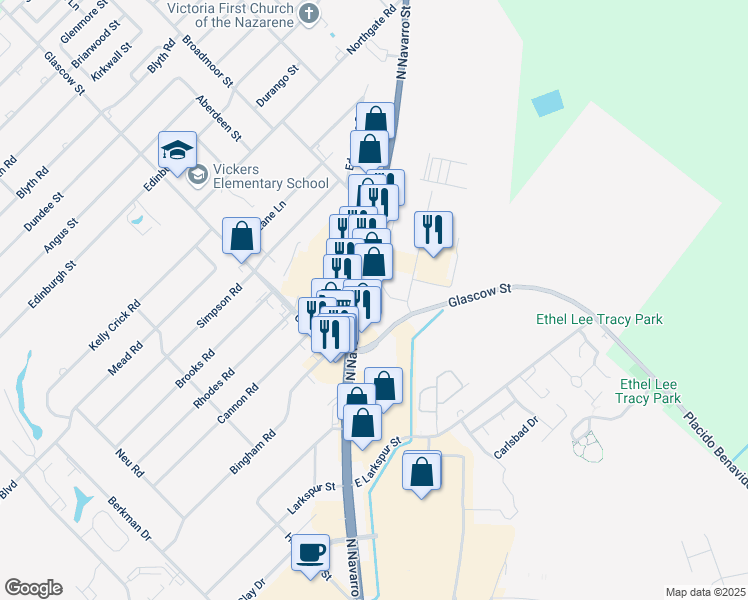 map of restaurants, bars, coffee shops, grocery stores, and more near 8806 North Navarro Street in Victoria