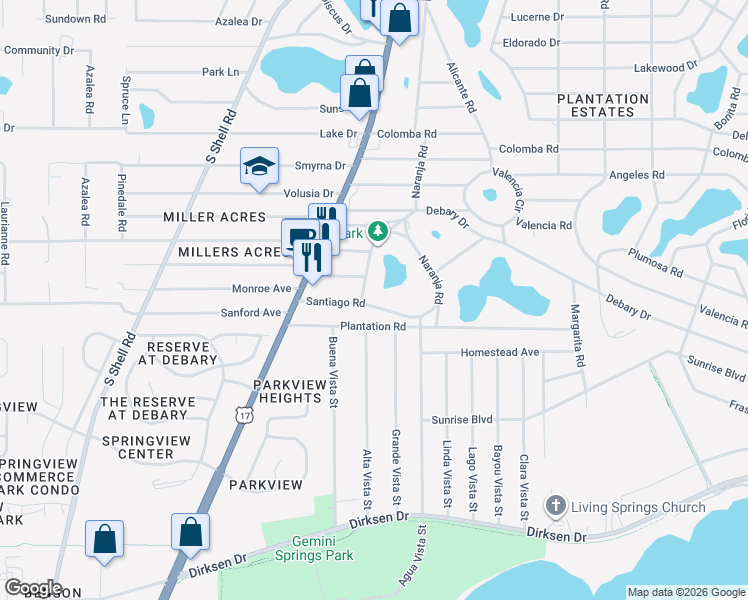 map of restaurants, bars, coffee shops, grocery stores, and more near 22 Santiago Road in DeBary