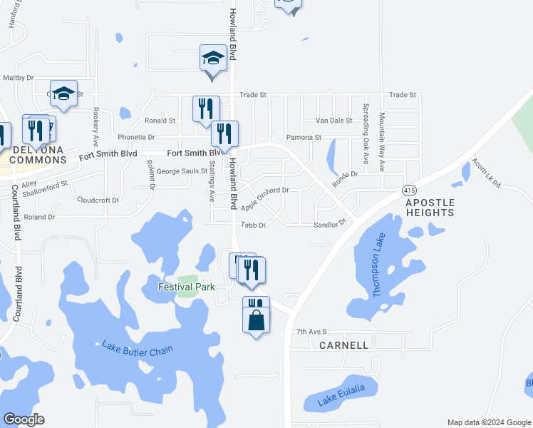 map of restaurants, bars, coffee shops, grocery stores, and more near 3460 Sandlor Drive in Deltona