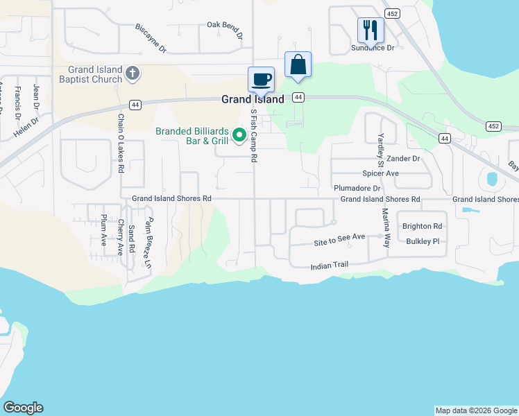 map of restaurants, bars, coffee shops, grocery stores, and more near 36017 South Fish Camp Road in Grand Island