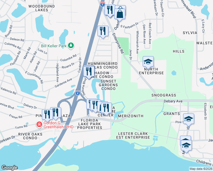 map of restaurants, bars, coffee shops, grocery stores, and more near 556 Belltower Avenue in Deltona