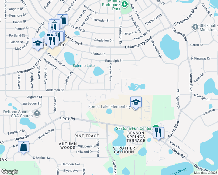 map of restaurants, bars, coffee shops, grocery stores, and more near 1370 Anderson Street in Deltona