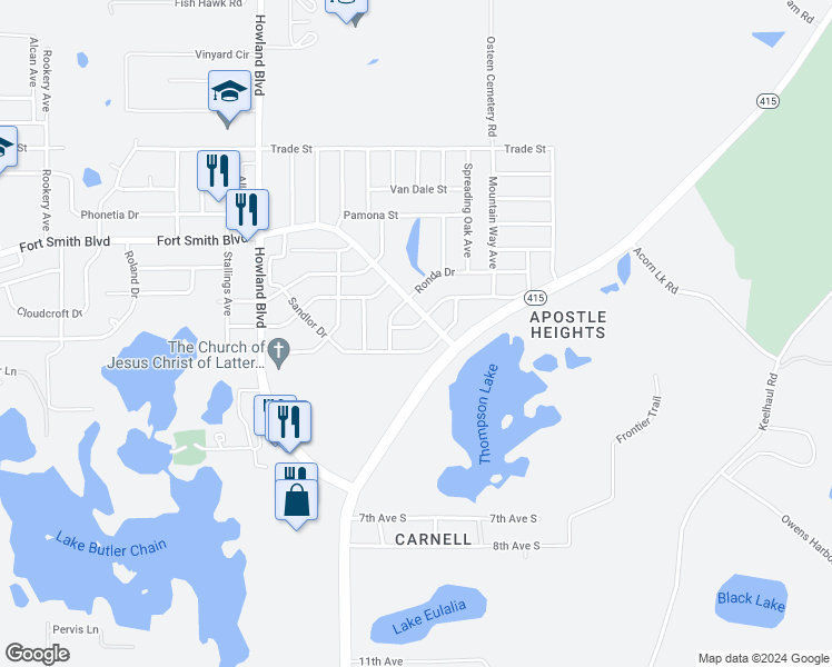 map of restaurants, bars, coffee shops, grocery stores, and more near 3660 Sunday Drive in Deltona