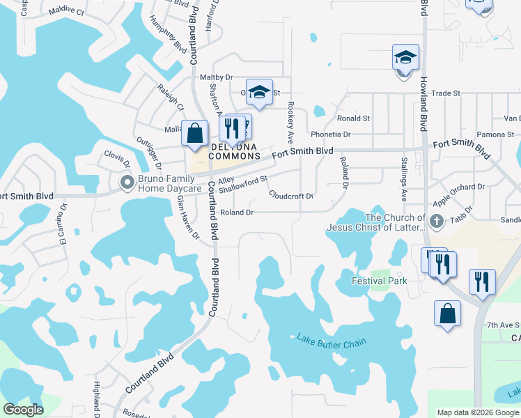 map of restaurants, bars, coffee shops, grocery stores, and more near 3170 Roland Drive in Deltona