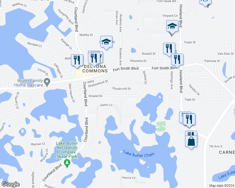 map of restaurants, bars, coffee shops, grocery stores, and more near 3218 Roland Drive in Deltona