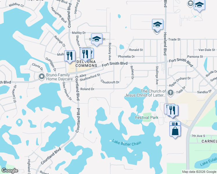map of restaurants, bars, coffee shops, grocery stores, and more near 3222 Roland Drive in Deltona