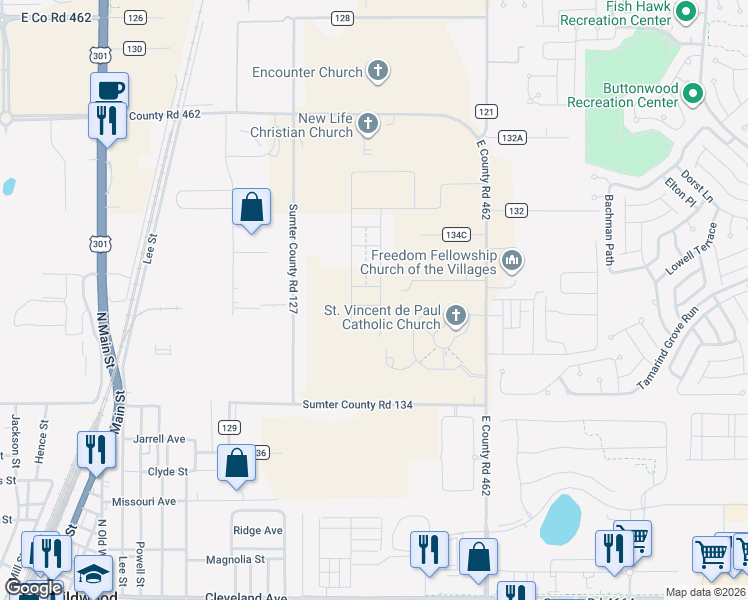 map of restaurants, bars, coffee shops, grocery stores, and more near 8271 County Road 127 in Wildwood