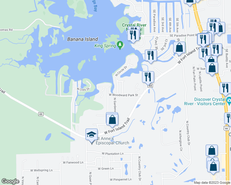 map of restaurants, bars, coffee shops, grocery stores, and more near 1020 North Circle Drive in Crystal River