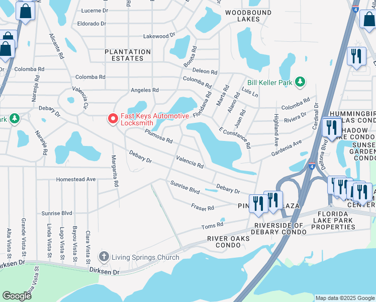 map of restaurants, bars, coffee shops, grocery stores, and more near 243 Plumosa Road in DeBary