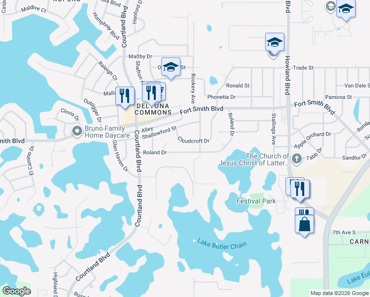 map of restaurants, bars, coffee shops, grocery stores, and more near 3222 Roland Drive in Deltona