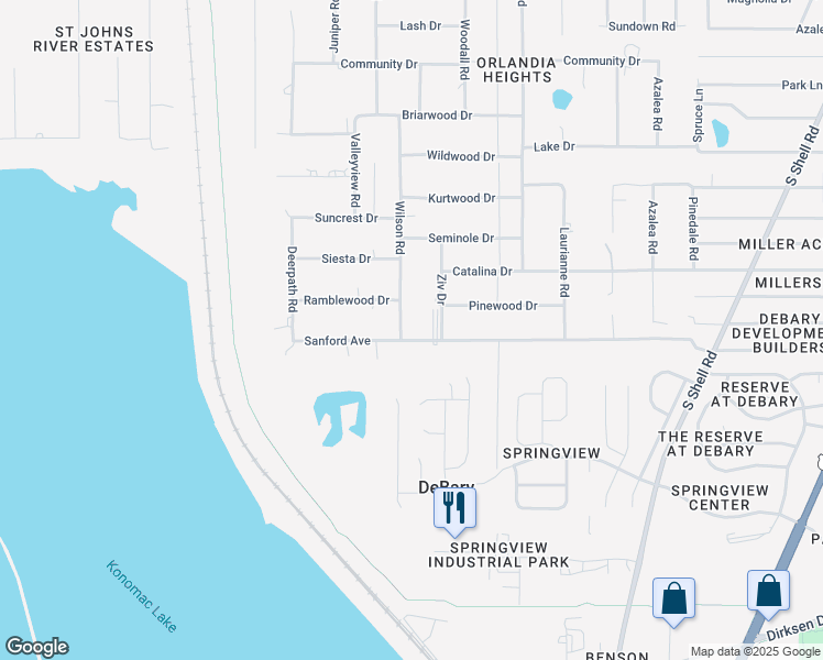 map of restaurants, bars, coffee shops, grocery stores, and more near 159 Wilson Road in DeBary