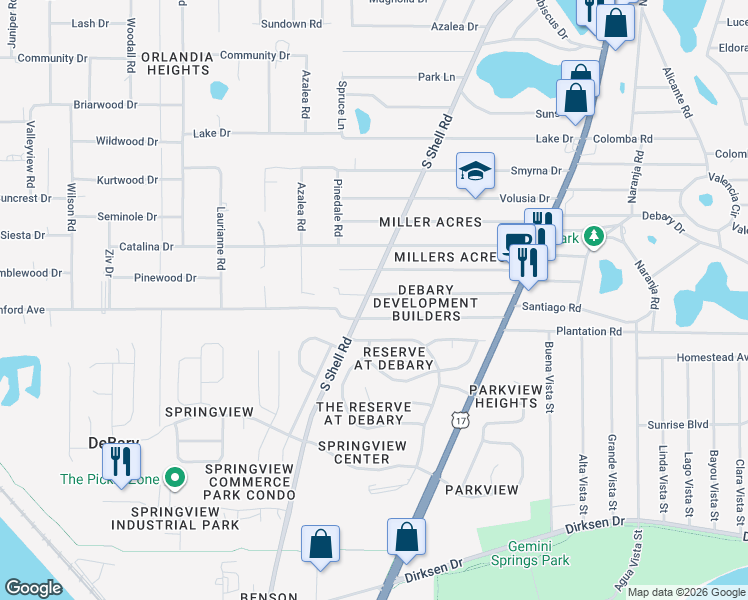map of restaurants, bars, coffee shops, grocery stores, and more near 41 Monroe Avenue in DeBary