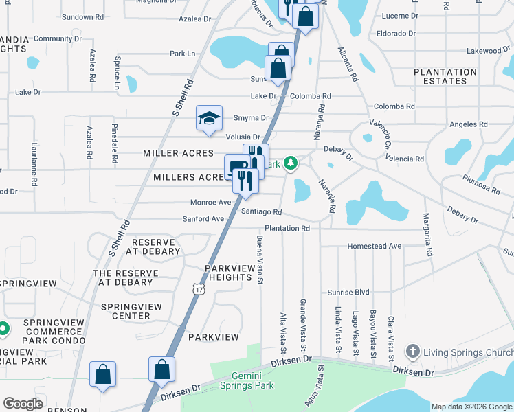map of restaurants, bars, coffee shops, grocery stores, and more near 10 Santiago Road in DeBary