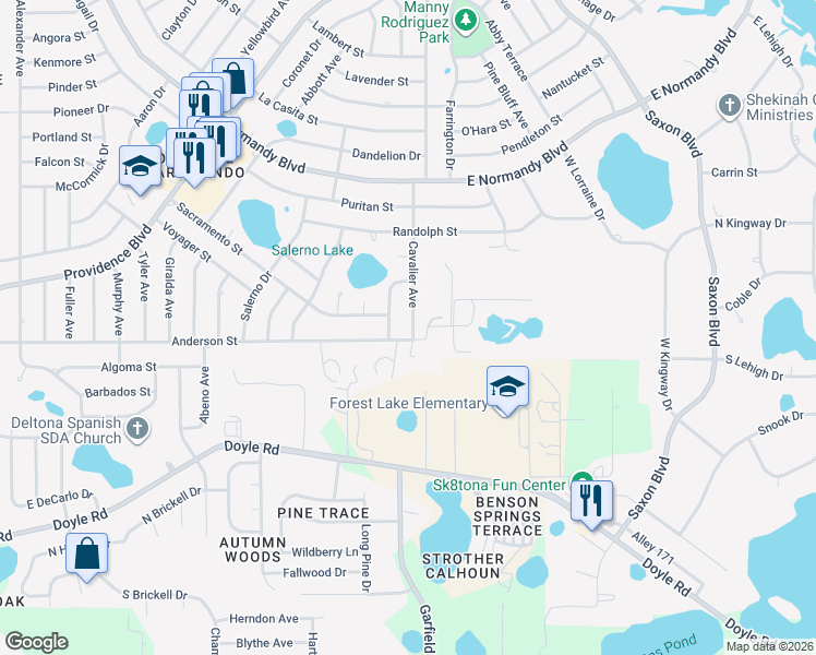map of restaurants, bars, coffee shops, grocery stores, and more near 1370 Anderson Street in Deltona