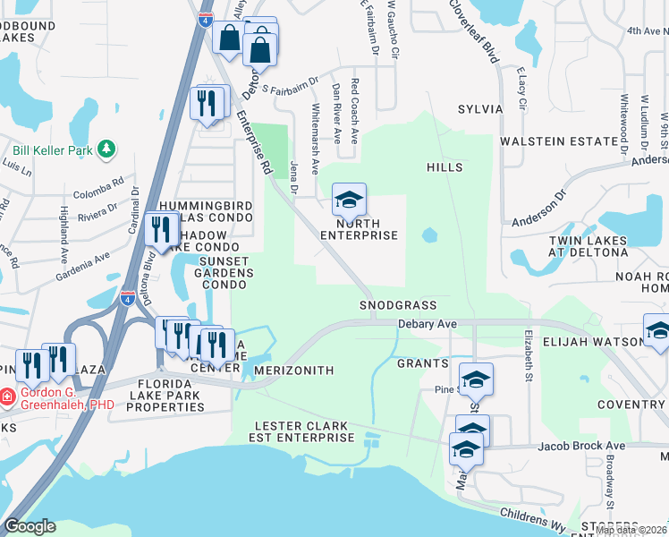 map of restaurants, bars, coffee shops, grocery stores, and more near 502 Enterprise Road in Deltona