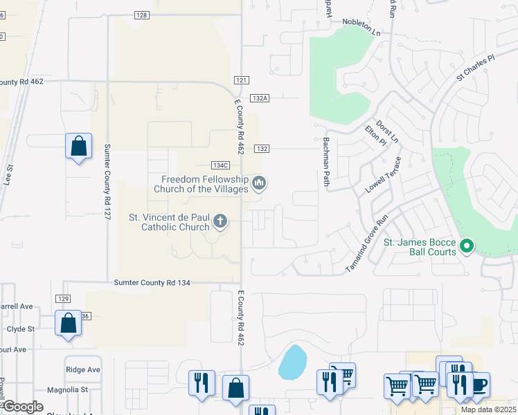 map of restaurants, bars, coffee shops, grocery stores, and more near 5230 East Co Road 462 in Wildwood