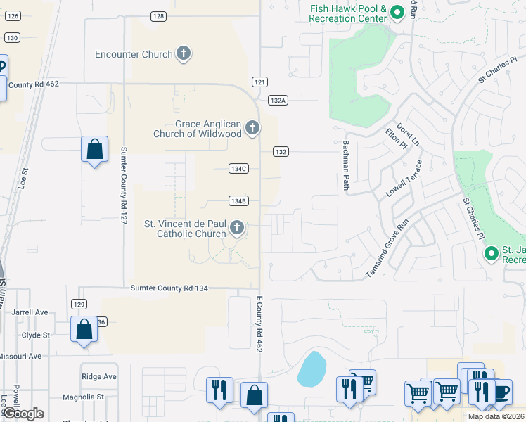 map of restaurants, bars, coffee shops, grocery stores, and more near 5230 East Co Road 462 in Wildwood