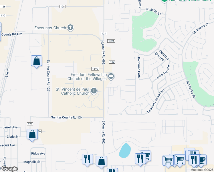 map of restaurants, bars, coffee shops, grocery stores, and more near 5230 East Co Road 462 in Wildwood