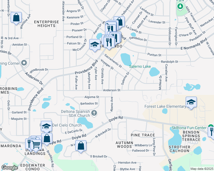 map of restaurants, bars, coffee shops, grocery stores, and more near 514 Richmond Avenue in Deltona