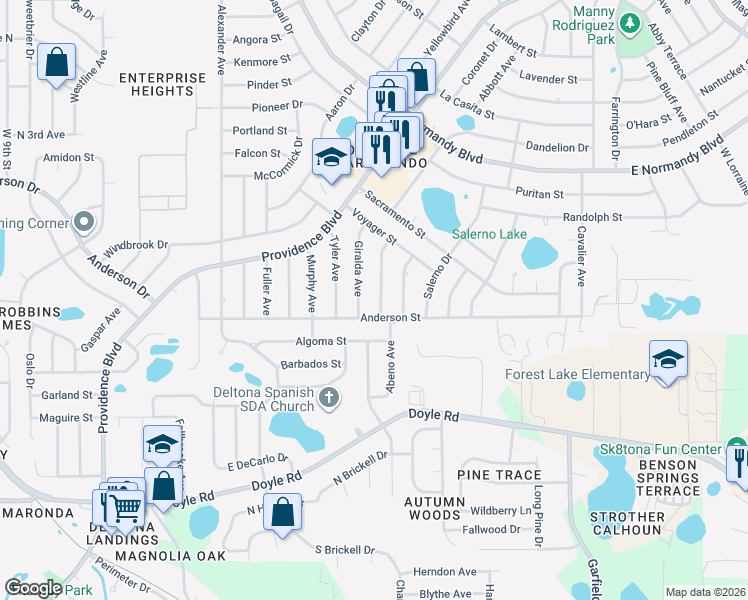 map of restaurants, bars, coffee shops, grocery stores, and more near 514 Richmond Avenue in Deltona