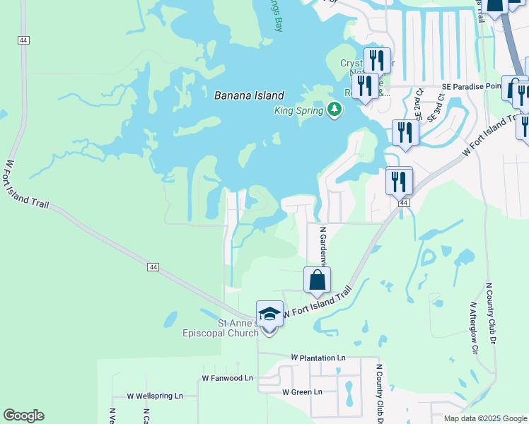 map of restaurants, bars, coffee shops, grocery stores, and more near 1035 North Crescent Drive in Crystal River