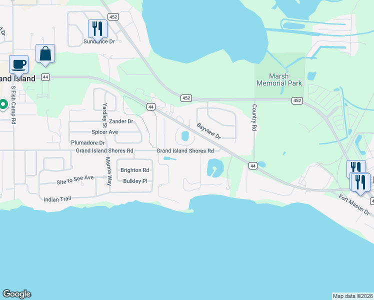 map of restaurants, bars, coffee shops, grocery stores, and more near 2708 Grand Island Shores Road in Eustis