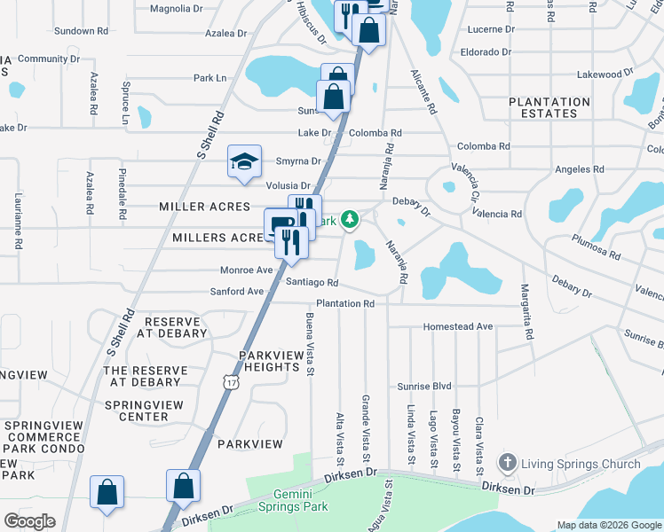 map of restaurants, bars, coffee shops, grocery stores, and more near 19 Santiago Road in DeBary