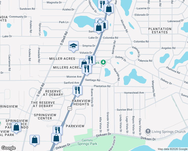 map of restaurants, bars, coffee shops, grocery stores, and more near 10 Santiago Road in DeBary