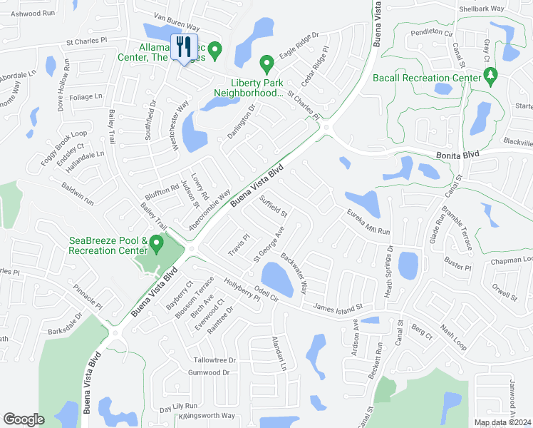 map of restaurants, bars, coffee shops, grocery stores, and more near 1411 Walterboro Lane in The Villages