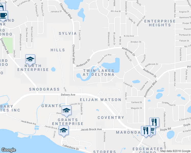 map of restaurants, bars, coffee shops, grocery stores, and more near Alder Grove Drive in Deltona