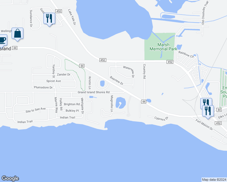 map of restaurants, bars, coffee shops, grocery stores, and more near 2669 Grand Island Shores Road in Eustis