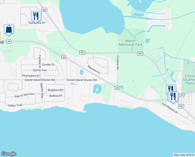 map of restaurants, bars, coffee shops, grocery stores, and more near 2717 Bayview Drive in Eustis