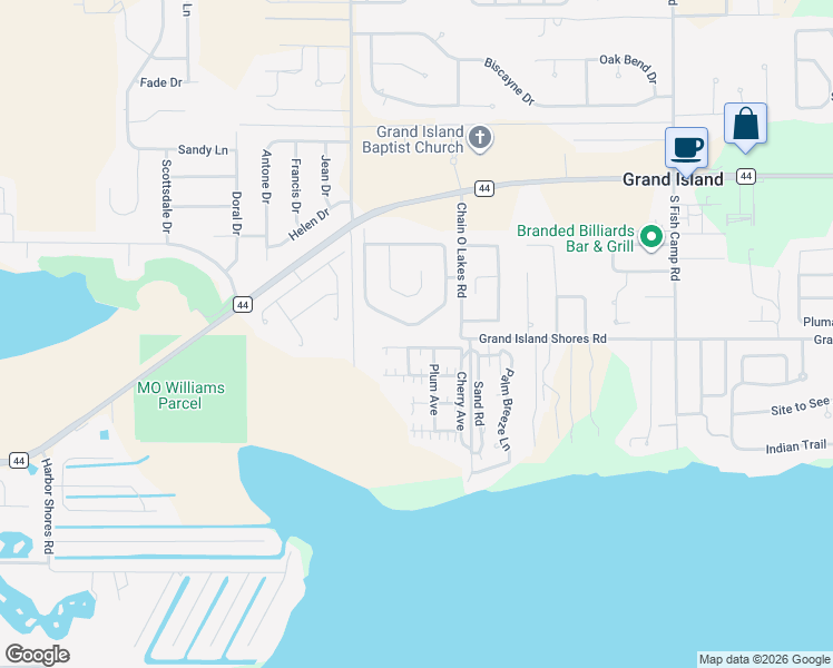 map of restaurants, bars, coffee shops, grocery stores, and more near 36400 Grand Island Oaks Circle in Grand Island