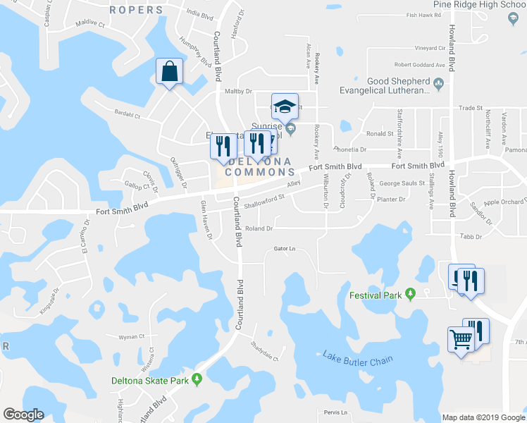 map of restaurants, bars, coffee shops, grocery stores, and more near 551 Kangley Avenue in Deltona