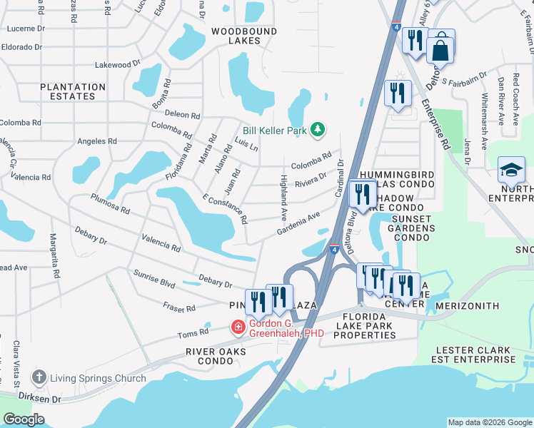 map of restaurants, bars, coffee shops, grocery stores, and more near 316 Alemander Avenue in DeBary