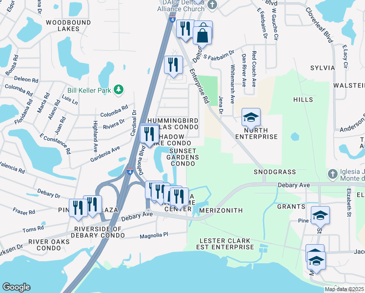 map of restaurants, bars, coffee shops, grocery stores, and more near 590 Belltower Avenue in Deltona