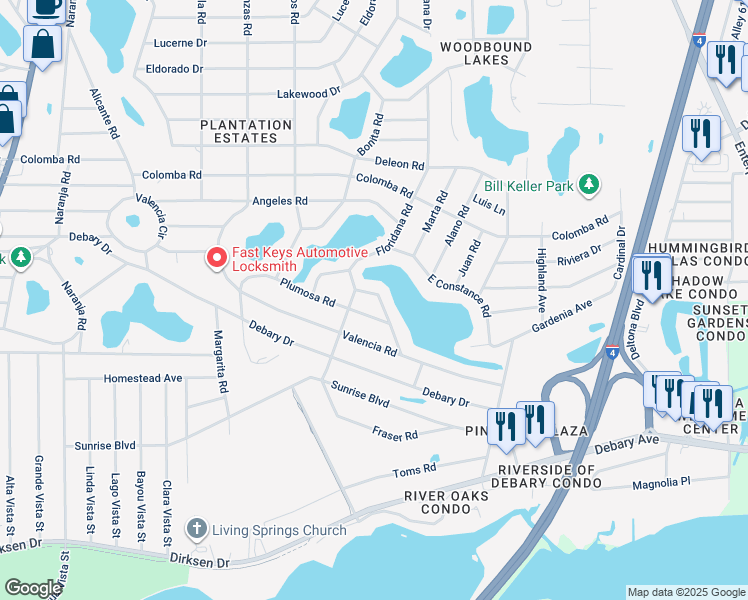 map of restaurants, bars, coffee shops, grocery stores, and more near 265 West Constance Road in DeBary