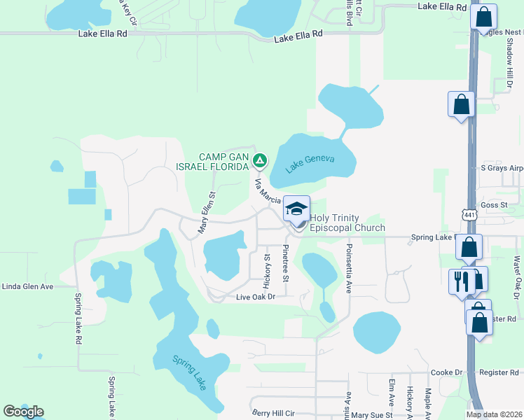 map of restaurants, bars, coffee shops, grocery stores, and more near 2025 Spring Lake Road in Fruitland Park