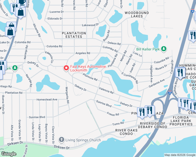 map of restaurants, bars, coffee shops, grocery stores, and more near 257 West Constance Road in DeBary