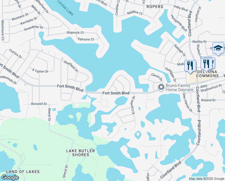 map of restaurants, bars, coffee shops, grocery stores, and more near 488 Fort Smith Boulevard in Deltona