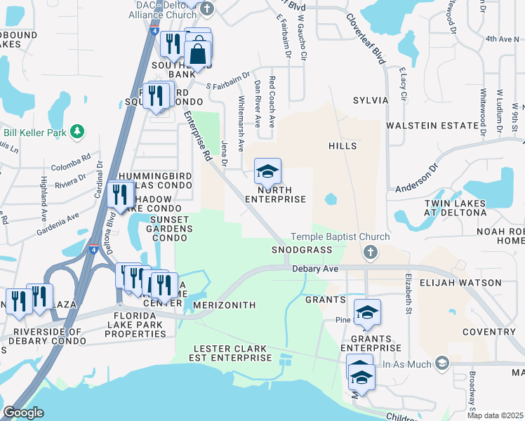 map of restaurants, bars, coffee shops, grocery stores, and more near 250 Enterprise Road in Deltona