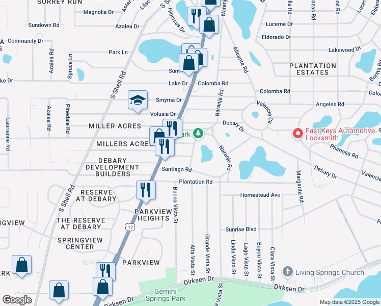 map of restaurants, bars, coffee shops, grocery stores, and more near 138 Serena Road in DeBary