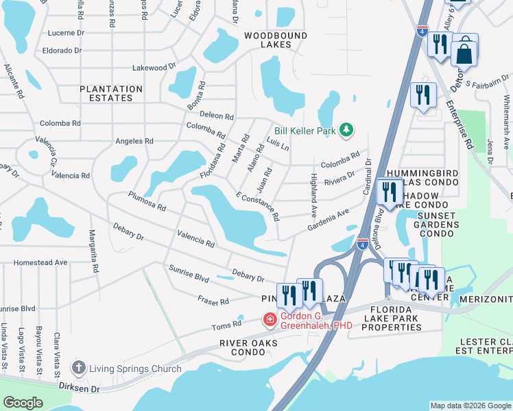 map of restaurants, bars, coffee shops, grocery stores, and more near 275 East Constance Road in DeBary